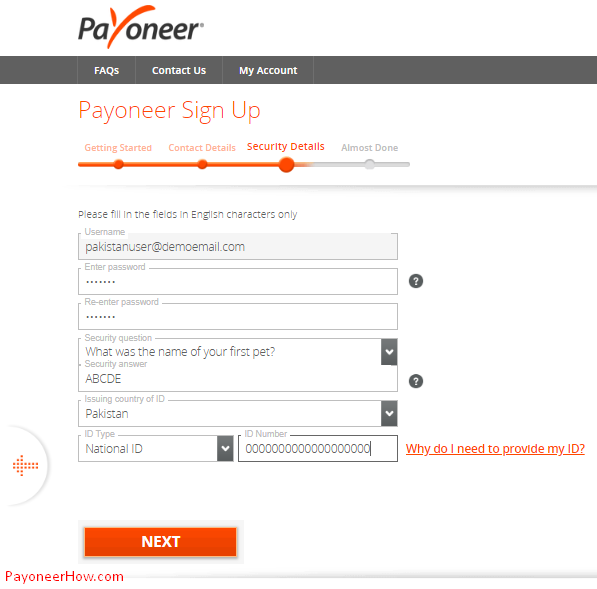 Filling In Payoneer Sign UP Security Details