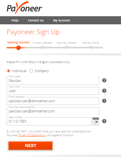 Payoneer In Pakistan Sign UP Application